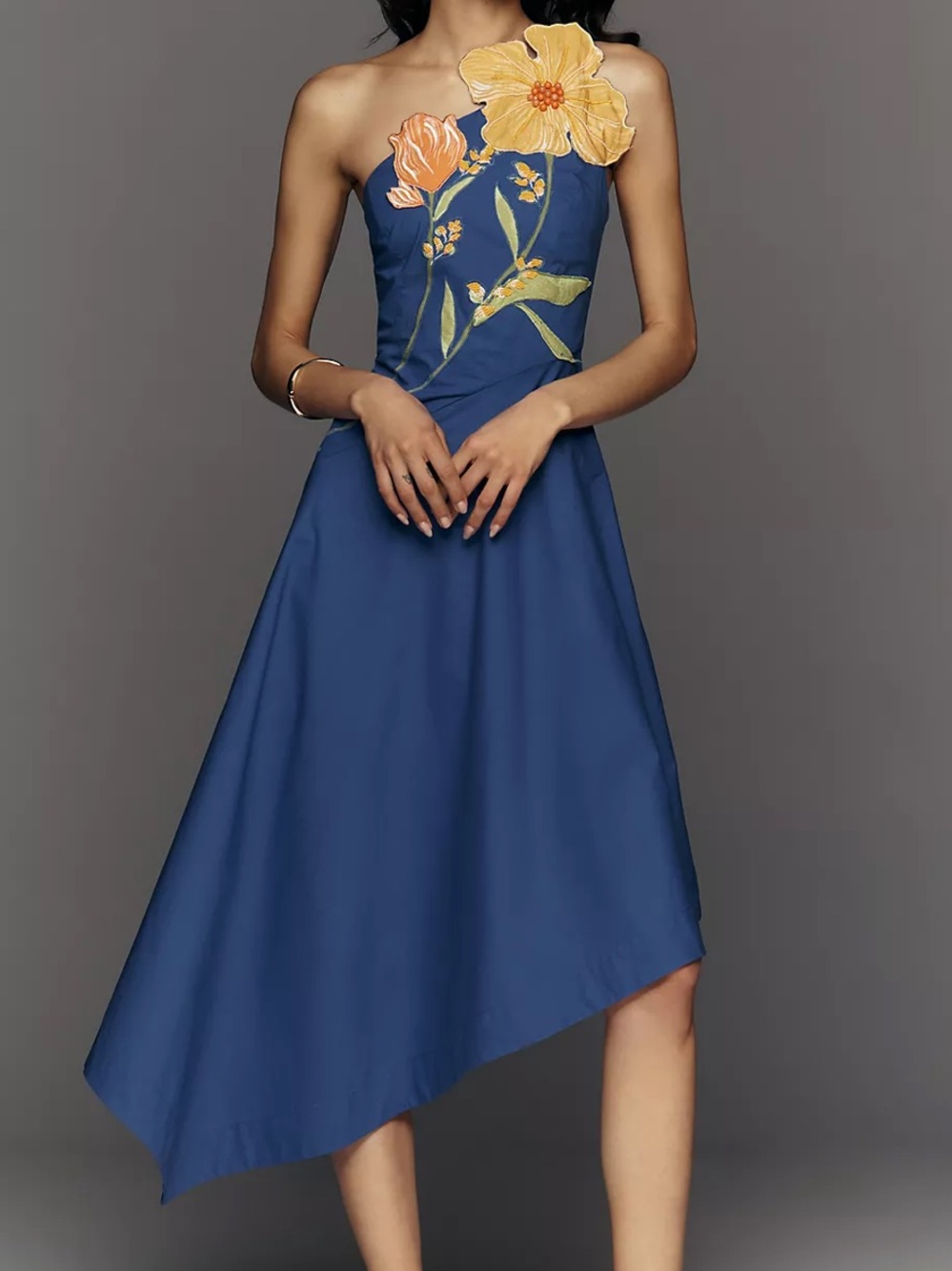 Anthropologie Blue One-Shoulder Floral Appliqué Dress